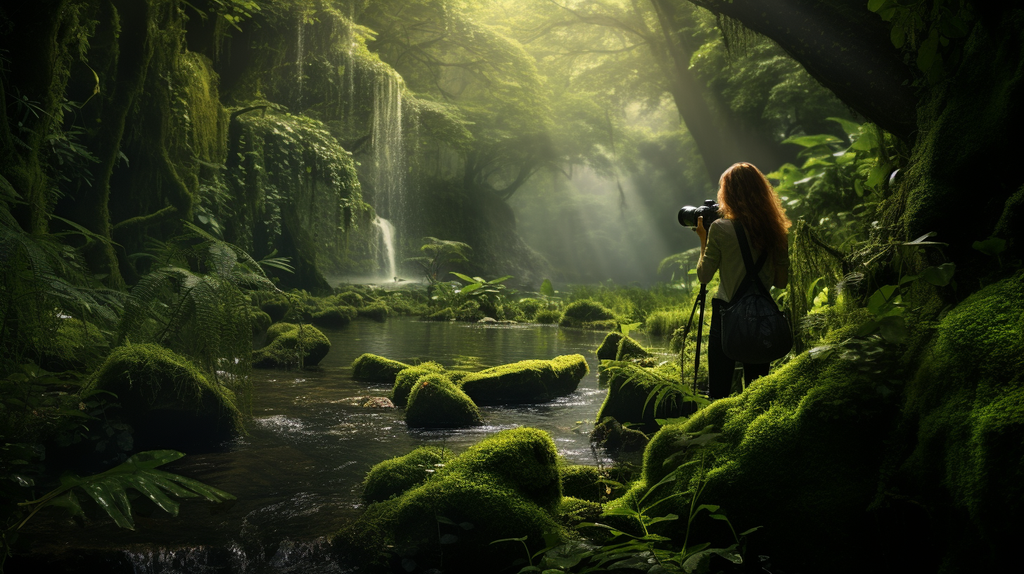 Ein bezauberndes Bild eines Fotografen, der von einer grünen, üppigen Landschaft umgeben ist, und die Natur in all ihrer Pracht einfängt.