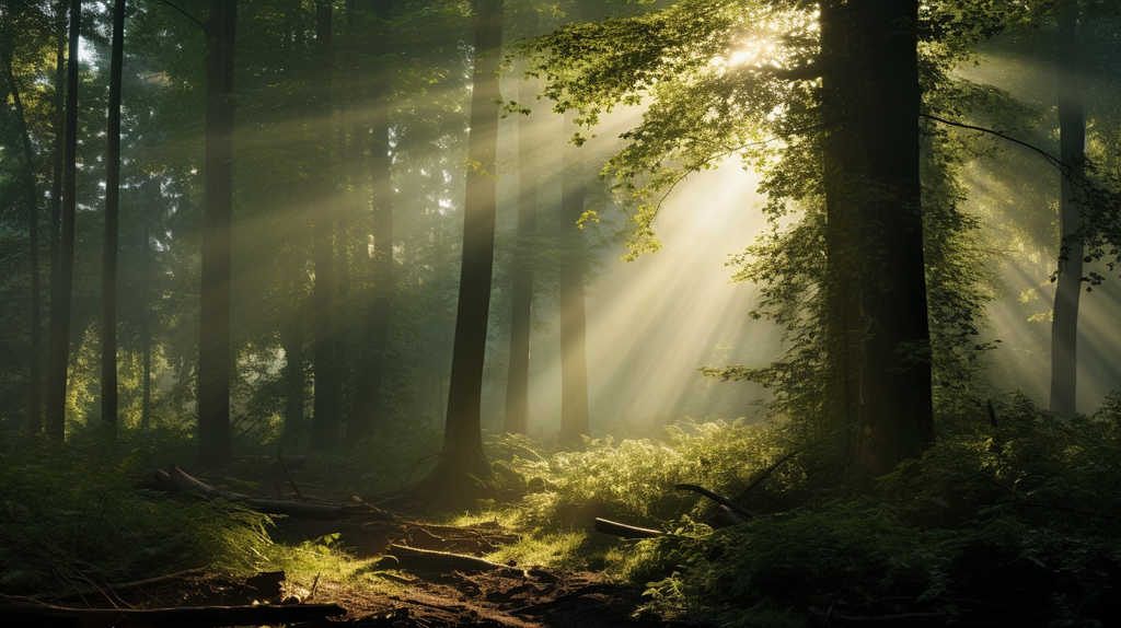 Ein stimmungsvolles Bild eines Waldes im Morgenlicht, in dem die Sonnenstrahlen durch die Bäume brechen.