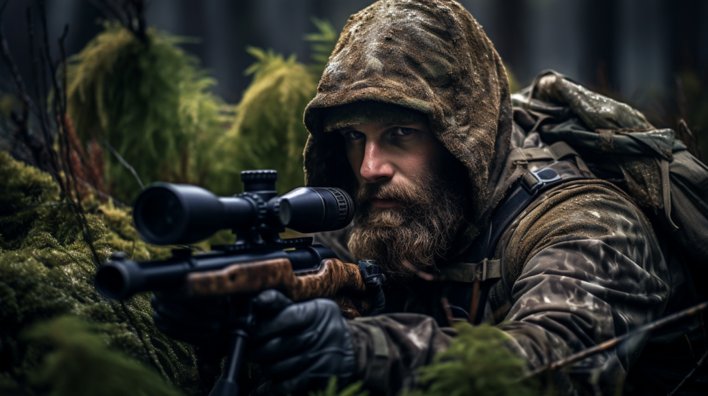 Ein erfahrener Jäger, in Tarnkleidung gekleidet, beobachtet geduldig durch sein Zielfernrohr in die Wildnis.