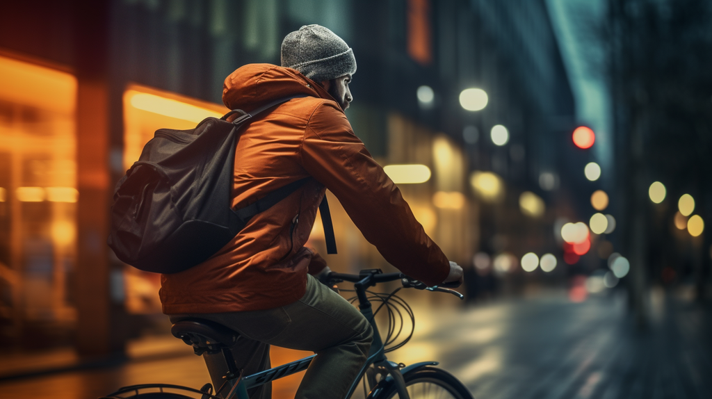 Ein Bild, das eine Person in städtischer Umgebung zeigt, die in Outdoor-Bekleidung auf einem Fahrrad fährt, um die Idee des Urban Outdoor-Lifestyles zu vermitteln.