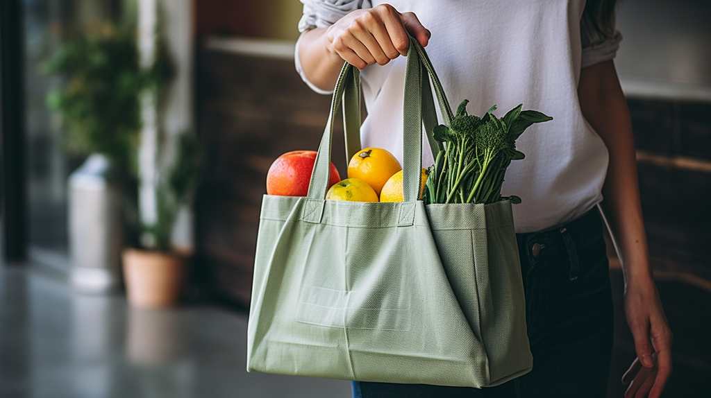 Eine Person, die eine stilvolle wieder verwendbare Einkaufstasche mit frischen Lebensmitteln trägt