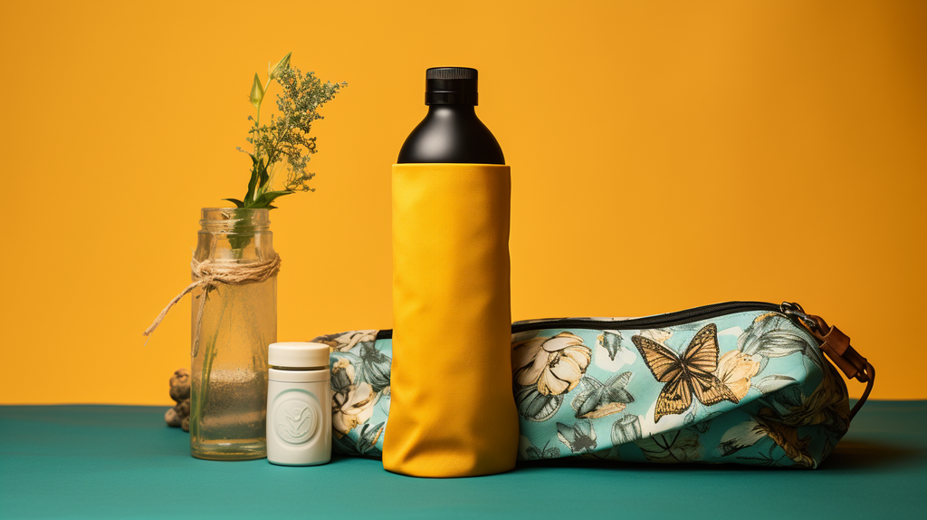 Ein Bild von einer wieder verwendbaren Stofftasche, einer Edelstahl-Trinkflasche und einem Bienenwachstuch als Alternative zu Plastikverpackungen.
