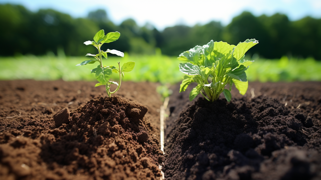Ein Bild, das den Unterschied zwischen chemisch behandeltem Boden (links) und natürlichem Boden im ökologischen Anbau (rechts) zeigt, um die Bodenfruchtbarkeit zu verdeutlichen.