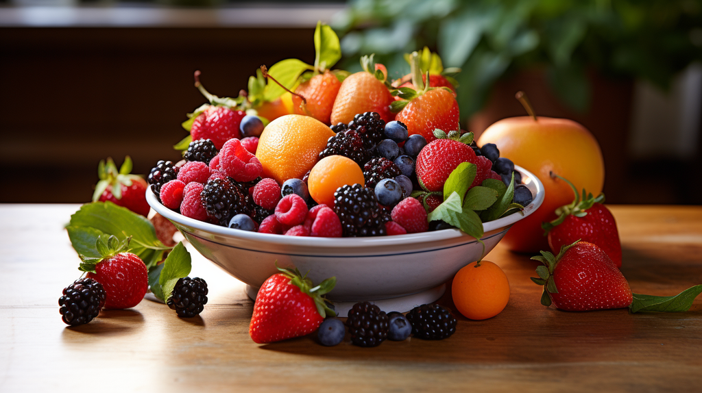 Ein Bild von einer Obstschale gefüllt mit frischen saisonalen Früchten.