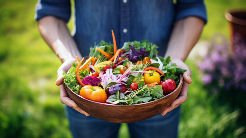 Ein Bild von einer fröhlichen Person, die eine Schüssel mit einem bunten Salat hält, umgeben von frischem Gemüse und Naturkulisse.