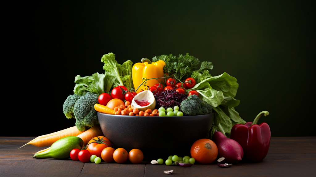 Ein Bild von einer farbenfrohen Schale mit Gemüse, Obst und Hülsenfrüchten.