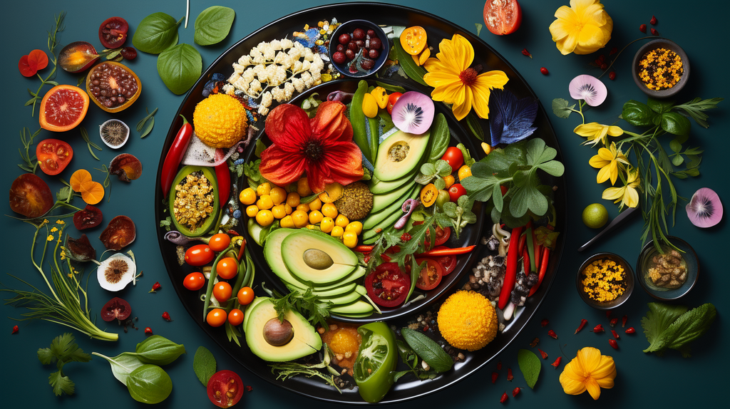 Ein Bild von einem farbenfrohen Teller mit verschiedenen pflanzlichen Gerichten.