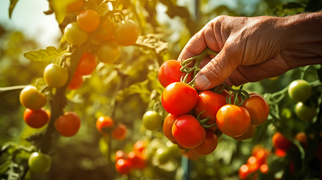 Ein Bild von einer Hand, die eine reife Tomate auf einem Bio-Bauernhof pflückt.