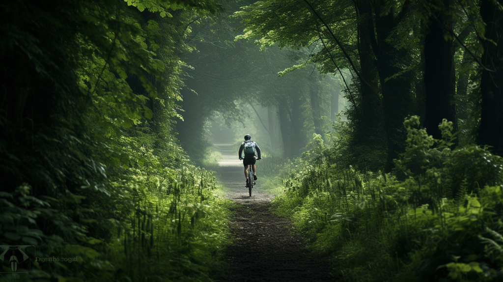 Ein Bild von einer Person, die mit einem Fahrrad fährt, umgeben von grüner Natur.