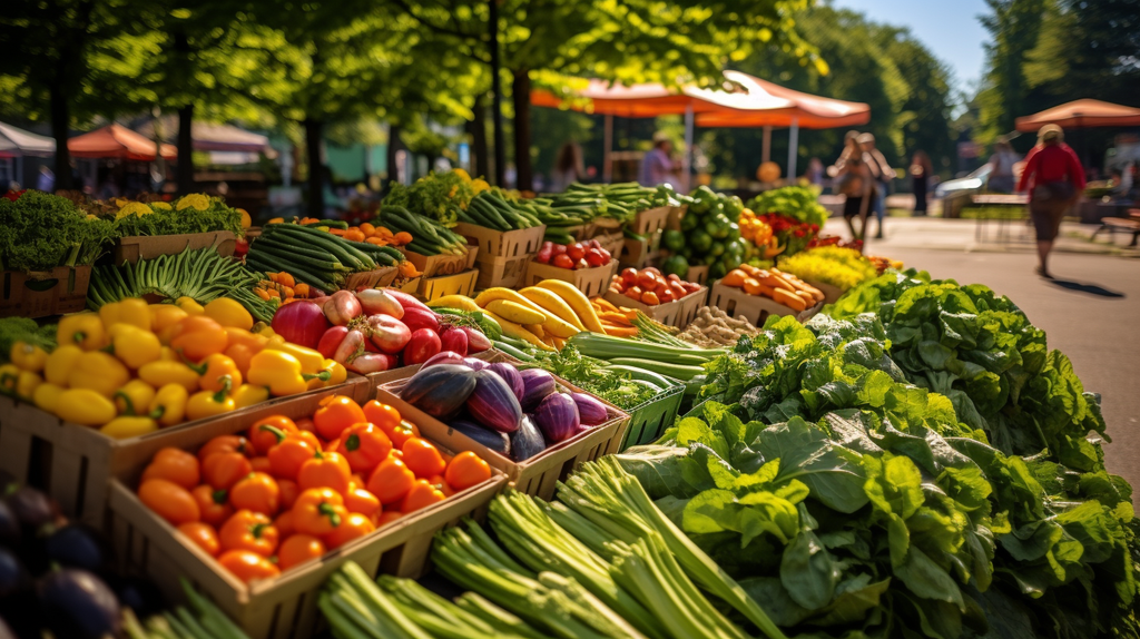 Ein Bild von einem bunten Bauernmarkt mit frischem Gemüse, Obst und handgemachten Produkten.
