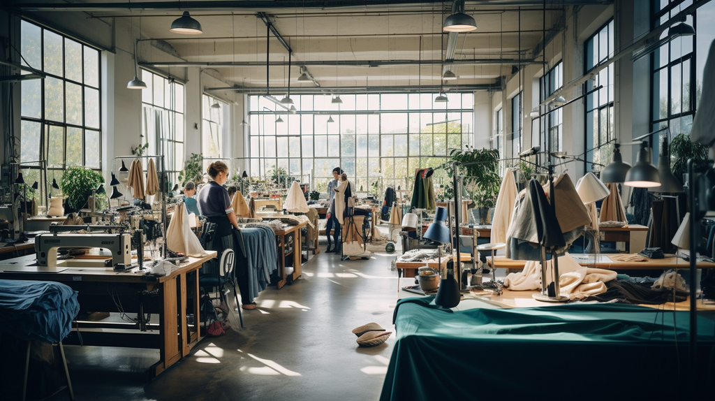 Ein Bild eines Arbeitsplatzes in einer nachhaltigen Bekleidungsfabrik, wo Näherinnen an Nähmaschinen arbeiten. Die Szene strahlt Fairness und ethische Herstellung aus.
