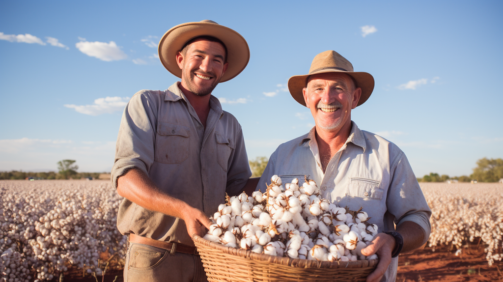Ein Bild von zufriedenen Bio-Bauern, die ihre gesunde Ernte von Bio-Baumwolle präsentieren, um den Erfolg und die Unterstützung zu zeigen.
