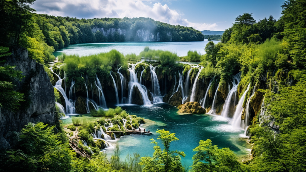 Ein Bild der beeindruckenden Plitvicer Seen, umgeben von üppiger Vegetation. Ein Wasserfall stürzt in einen der türkisfarbenen Seen.
