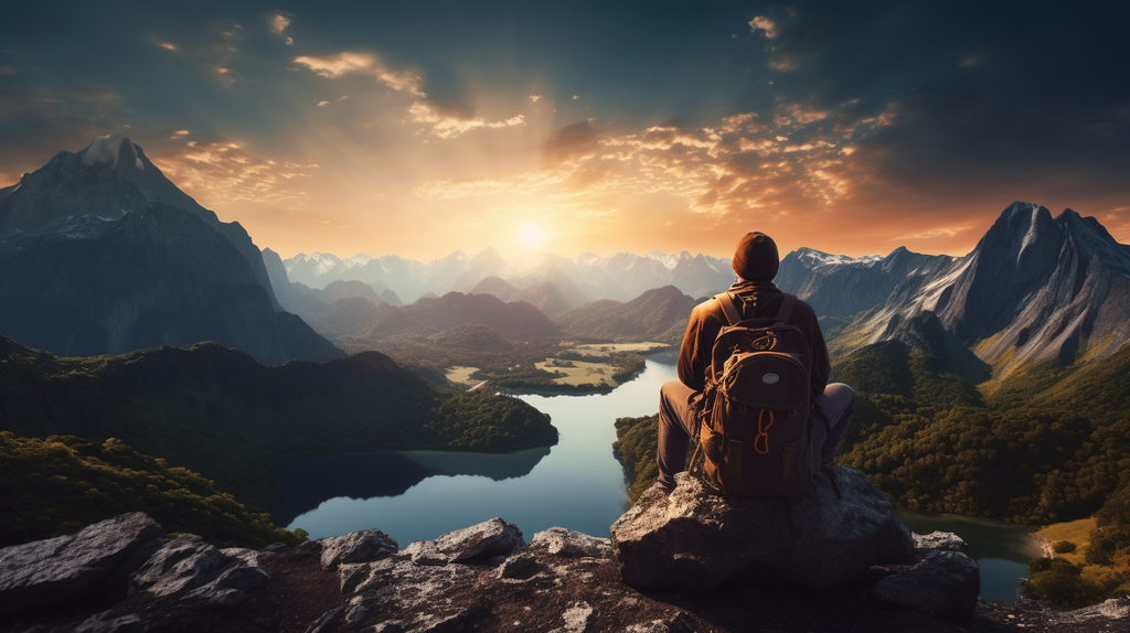 Inspirująca scena przedstawiająca osobę stojącą na szczycie góry i kontemplującą ogrom krajobrazu. Obraz wyraża poczucie odkrycia i połączenia z naturą.