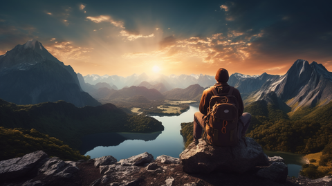 An inspirational scene depicting a person standing on a mountain peak and contemplating the vastness of the landscape. The image expresses a feeling of discovery and connection with nature.