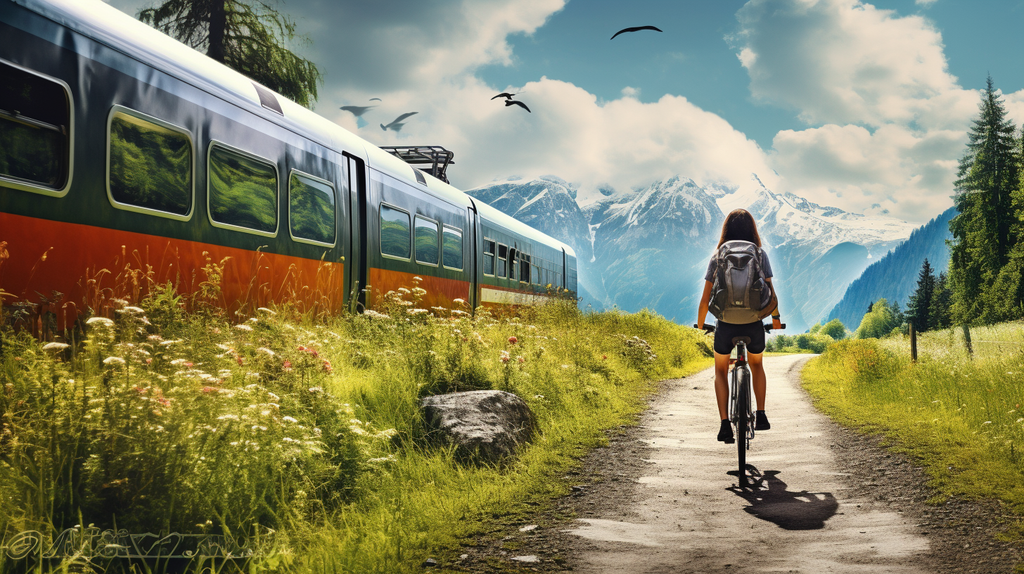 Ein Bild, das verschiedene Transportmittel zeigt – Zug und Fahrrad  – umgeben von der natürlichen Schönheit der Umgebung. Das Bild vermittelt das Gefühl von Freiheit und Abenteuer.