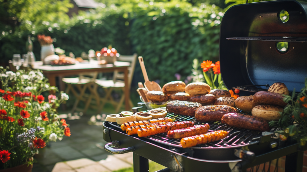 Ein einladendes Bild eines britischen Gartengrills mit Burgern, Würstchen und Gemüse, die auf einem klassischen Holzkohlegrill gegrillt werden. Die Szene strahlt ein Gefühl von zwanglosem Outdoor-Vergnügen aus