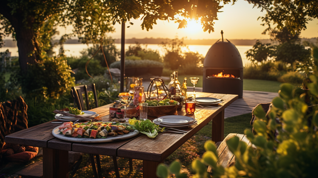 Eine einladende Außenszene mit einem rustikalen Holztisch, der für ein Grillfest gedeckt ist. Ein Grill brutzelt mit verschiedenen köstlichen Gerichten, umgeben von üppigem Grün und einem wunderschönen Sonnenuntergang im Hintergrund.