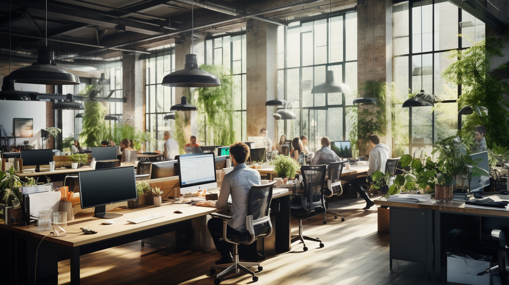 Ein Büro mit Kundensupport Mitarbeitern in einem nachhaltigen Arbeitsumfeld eines Bürolofts mit vielen Pflanzen.