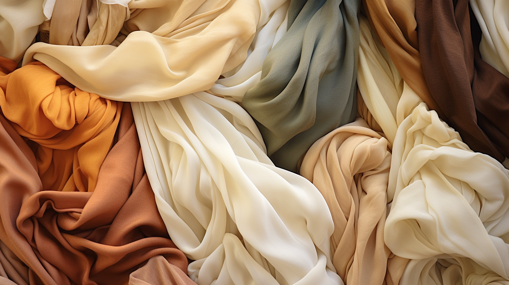 Verschiedene Stoffe wie Bio-Baumwolle, recyceltes Polyester und Tencel sind kunstvoll arrangiert. Sie symbolisieren die Vielfalt der nachhaltigen Materialien in der Mode.