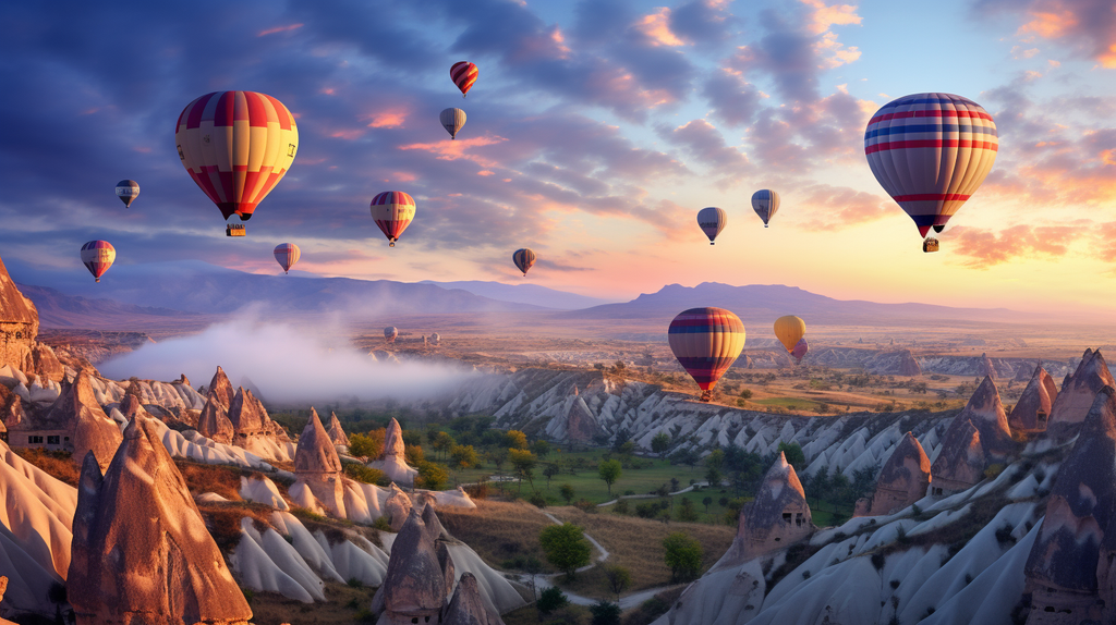 Heißluftballons schweben über den einzigartigen Felsformationen des Göreme-Nationalparks in der Morgendämmerung.