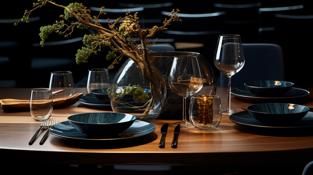 Stilvoll gedeckter Tisch mit nachhaltigen Touch, viel Holz und dunkles Geschirr