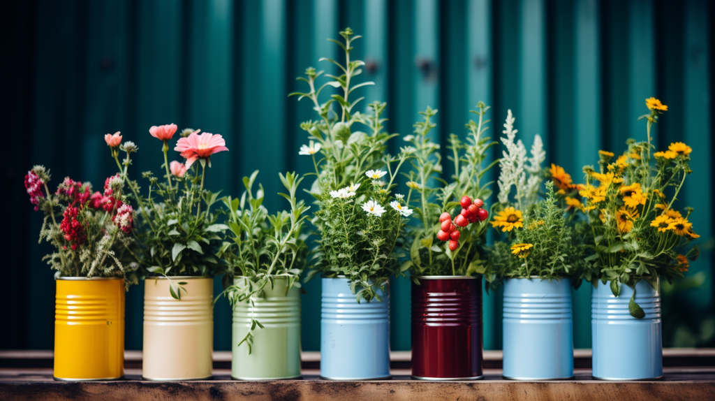 Konservendosen in verschiedenen Farben, an denen bunte Blumen oder Kräuter wachsen. Dieses Bild weckt den Wunsch nach einer grünen Oase im eigenen Garten.