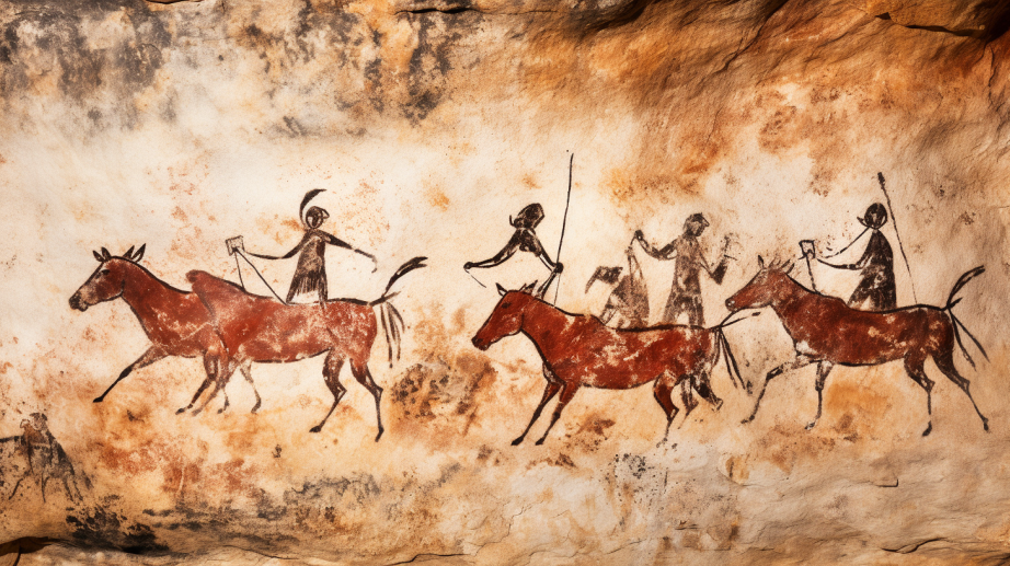 Ein Bild einer Höhlenmalerei das Jäger beim Jagen von Tieren zeigt