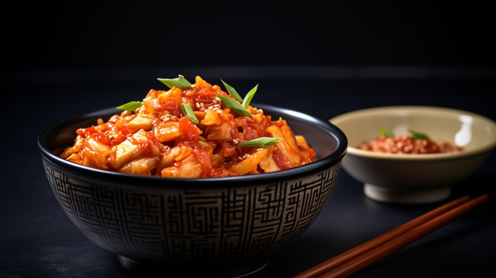 Ein Foto von einer weißen Tonschale mit Kimchi. Daneben chinesische Essstäbchen.
