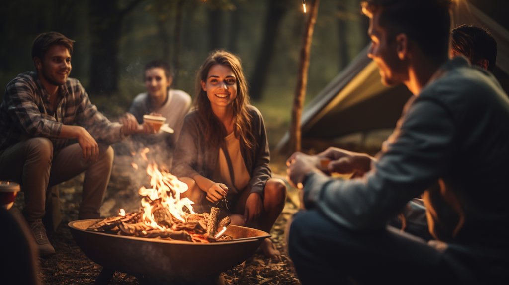 Eine Gruppe von Freunden oder Familienmitgliedern, die um ein Lagerfeuer sitzen und gemeinsam eine Mahlzeit genießen. Der Schwerpunkt liegt auf der Kameradschaft und Freude am Teilen von Essen und Geschichten in natürlicher Umgebung.
