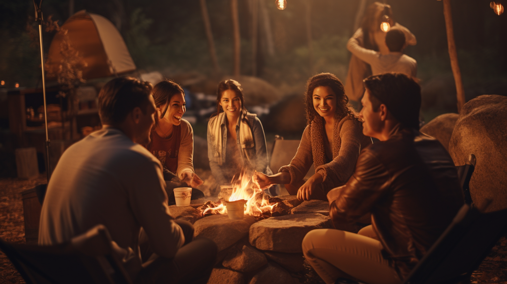 Eine Gruppe von Freunden und Familie, die um ein Lagerfeuer sitzen und gemeinsam eine Mahlzeit genießen. Der Schwerpunkt liegt auf der Kameradschaft und Freude am Teilen von Essen und Geschichten in natürlicher Umgebung.
