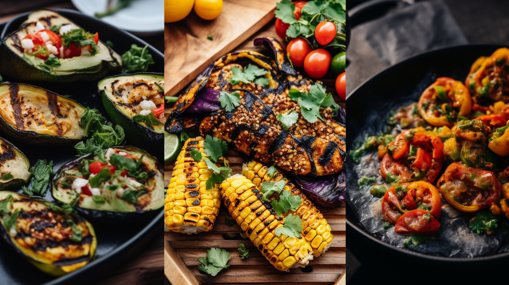 Eine Collage von nachhaltigen Grillrezepten, die vegetarische und saisonale Zutaten verwenden, um die kulinarische Vielfalt des umweltbewussten Grillens zu betonen.