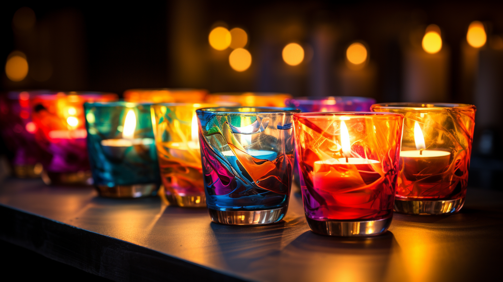 Ein Bild von bunt gestalteten Gläsern mit Kerzen, die eine warme und einladende Stimmung erzeugen. Dieses Bild lädt zum Entspannen ein.