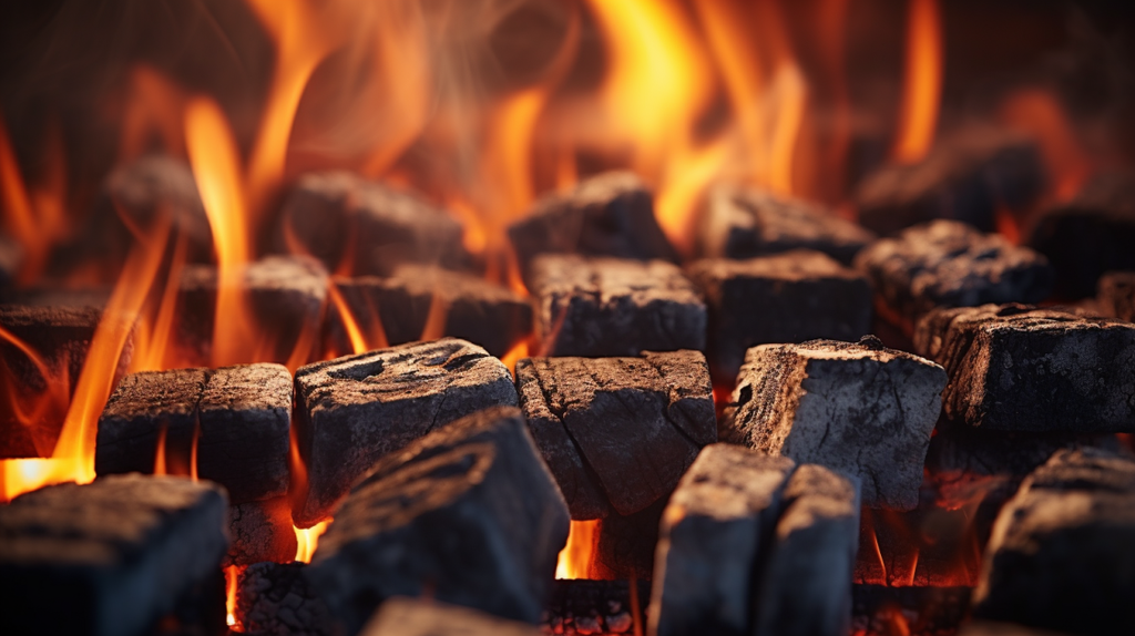 Ein Bild von brennenden Grill Briketts. Das Bild betont die Effizienz von Briketts für längeres Grillen und die konstante Hitzeentwicklung, die sie bieten können.