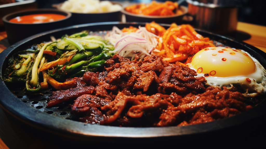 Koreanisches BBQ mit Fleisch, Gemüse, Ei und vielen Gewürzen und Sossen