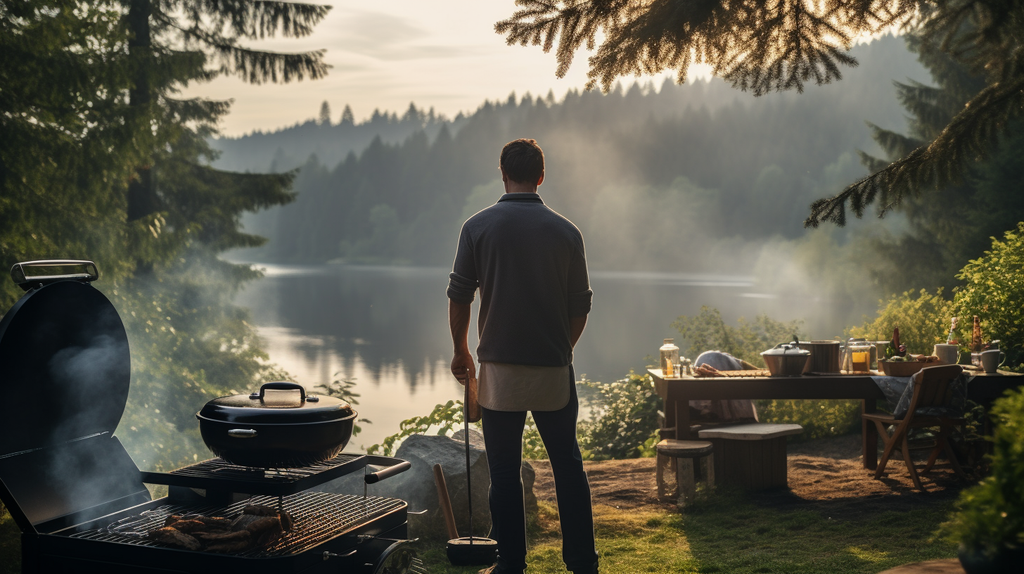 Eine ruhige Outdoor-Szene, eine Person steht in der Nähe eines wunderschönen Campingplatzes mit aufgestelltem Grill. Der Fokus liegt auf der natürlichen Umgebung und betont die Verbindung zwischen Outdoor-Kochen und der Natur