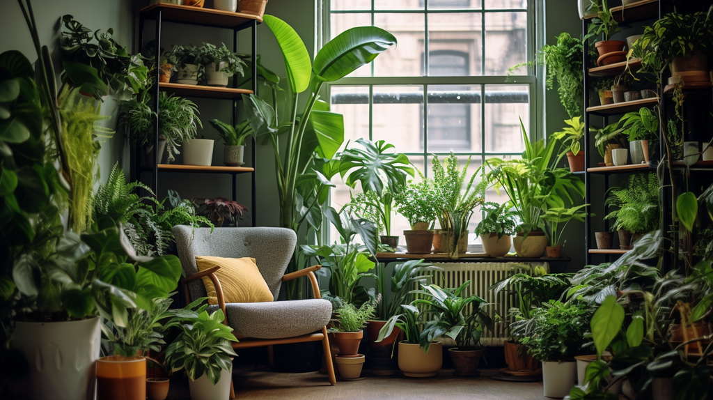 Bild einer wunderschön eingerichteten Zimmerpflanzenecke, in der üppiges grünes Laub dem Raum eine natürliche Note verleiht