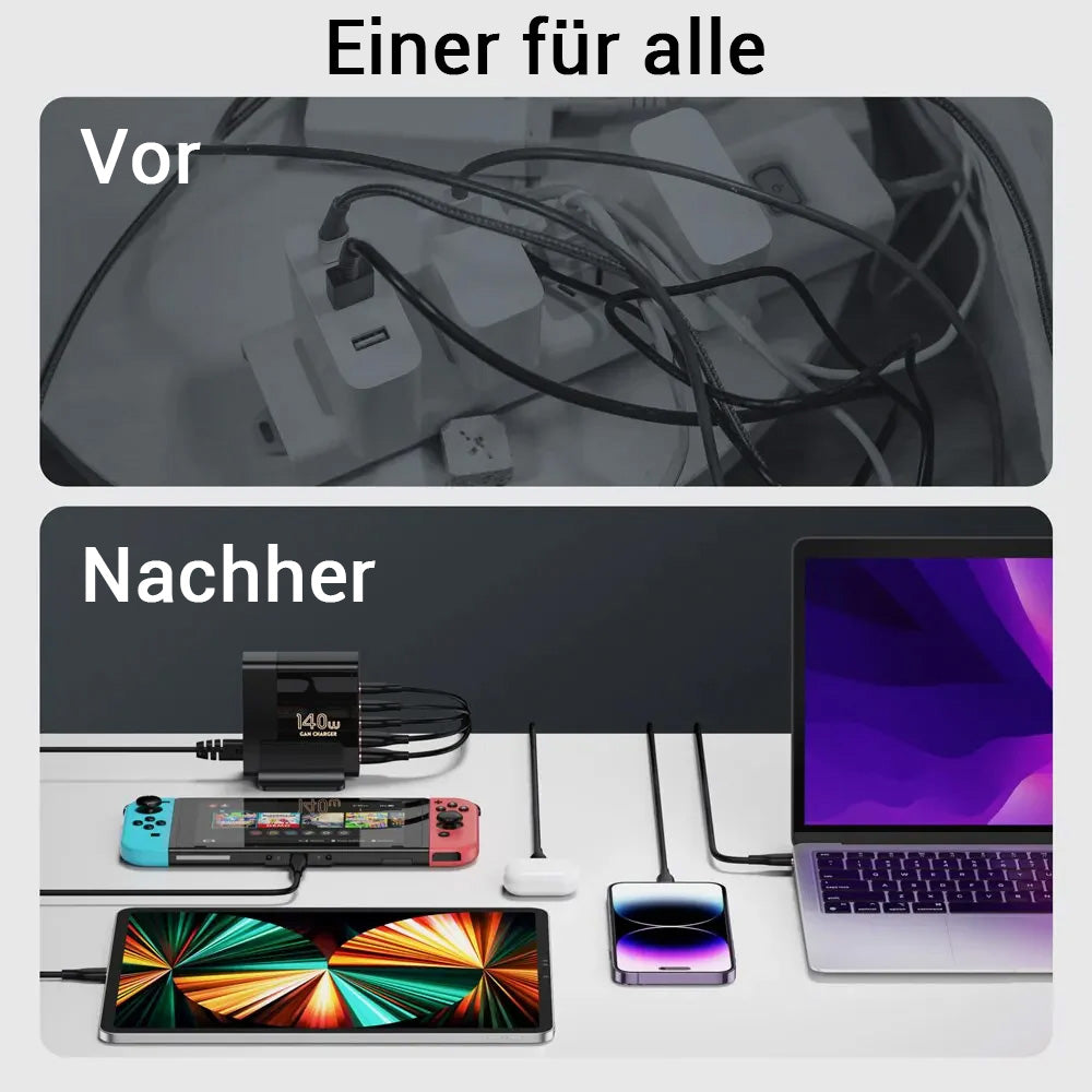 140W GaN Schnellladegerät: Desktop-Ladestation 5 USB-Anschlüsse Charging Station Dockingstation Laptop MacBook iPhone Samsung