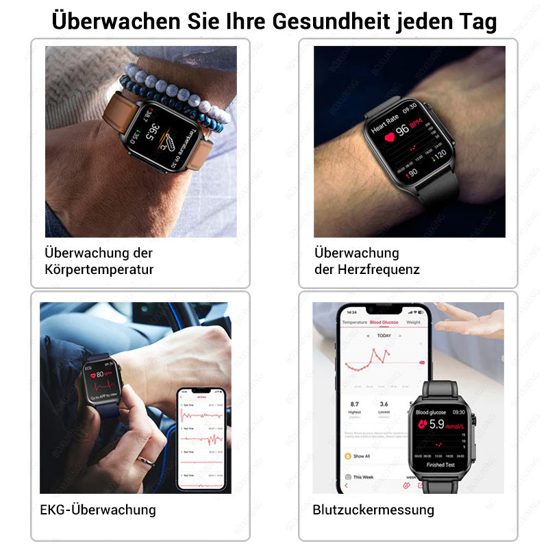 Premium Blutzucker Smartwatch für Männer mit KI Sprachassistent, Bluetooth Anruf