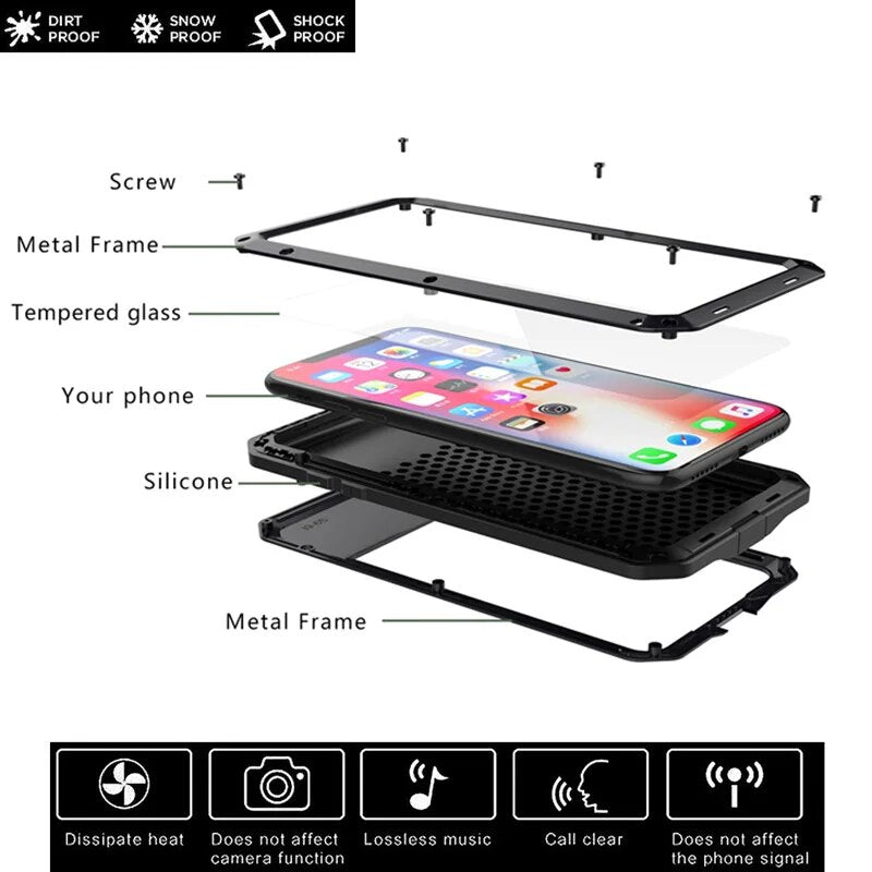 Armor Apple iPhone Case | Metal Shockproof Full Aluminum Cover | Screen, Lens Protection, Waterproof & Tempered Glass