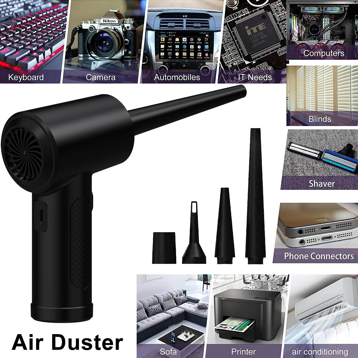 Good quality dust brush with compressed air for computers, cordless air blower, computer cleaning with LED light for keyboard