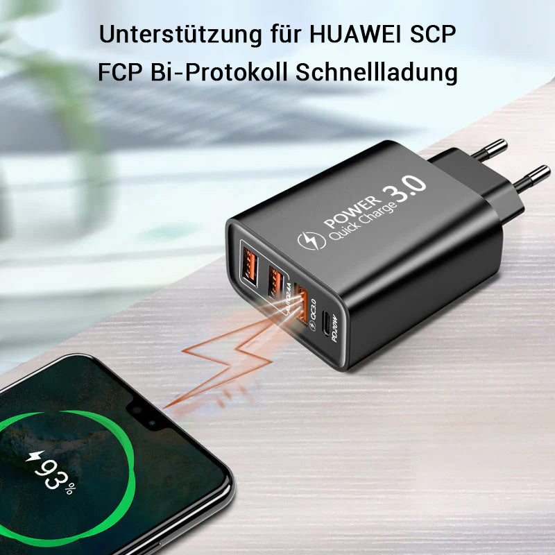 Ladegerät USB C - Schnellladung Smartphones iPhone, iOS, Xiaomi, Samsung, Huawei & Android - mit 3 USB & 1 Type-C Anschluss