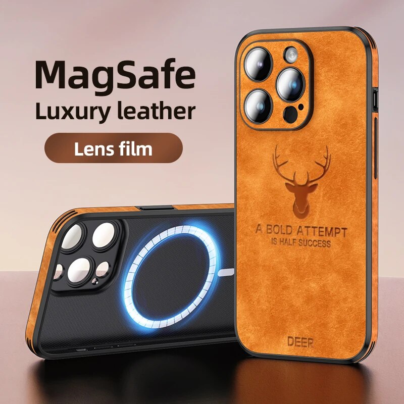 High-Quality Deer Leather iPhone Case with Camera Lens Protection and Shockproof Silicone Cover