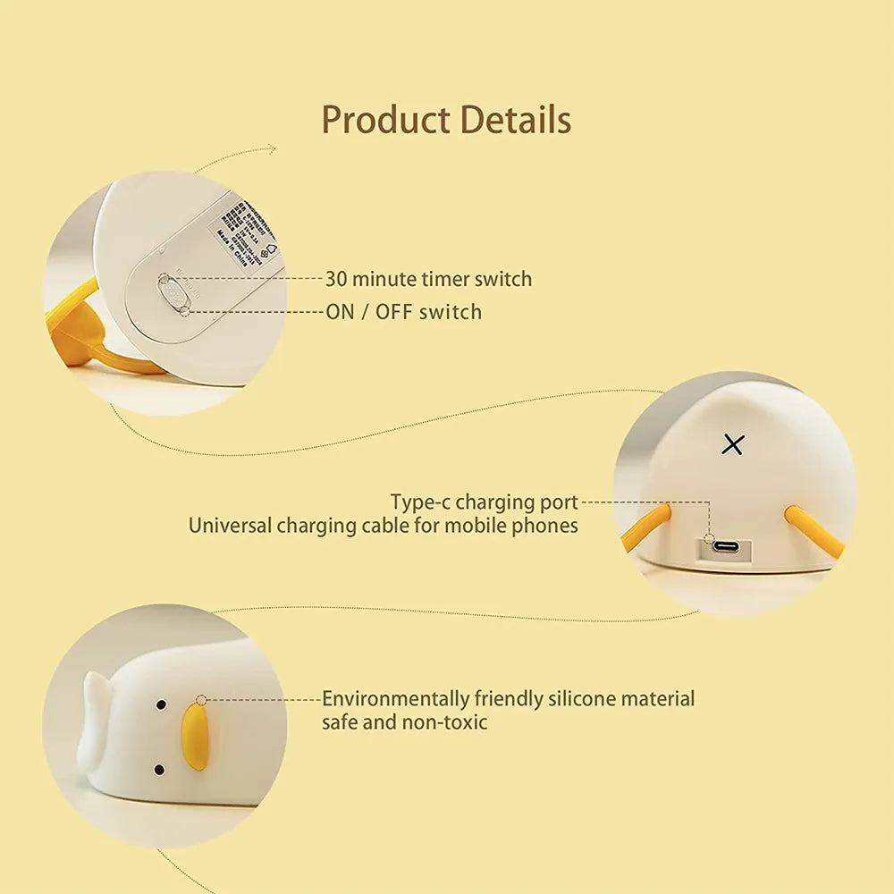 Premium Duck Night Lights: Rechargeable USB Lamp for Kids' Room - Cartoon Silicone Ducks - Birthday Gift and Bedroom