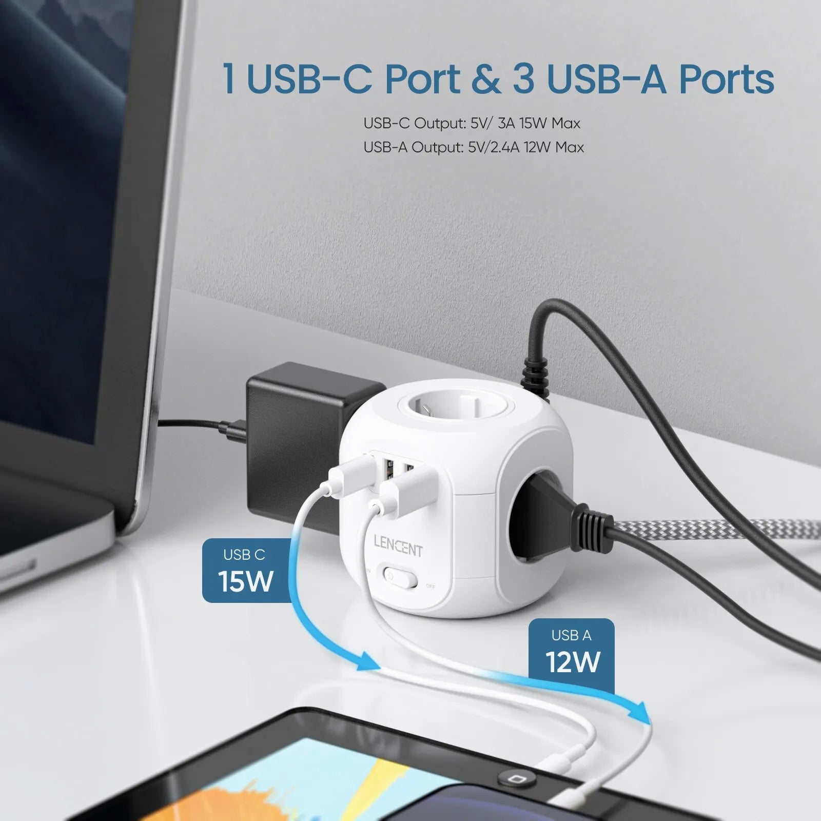 Premium Power Strip 4 AC Outlets, 3 USB Ports, 1 Type-C Multiple Socket with 2m/3m Braided Cable and Switch for Home