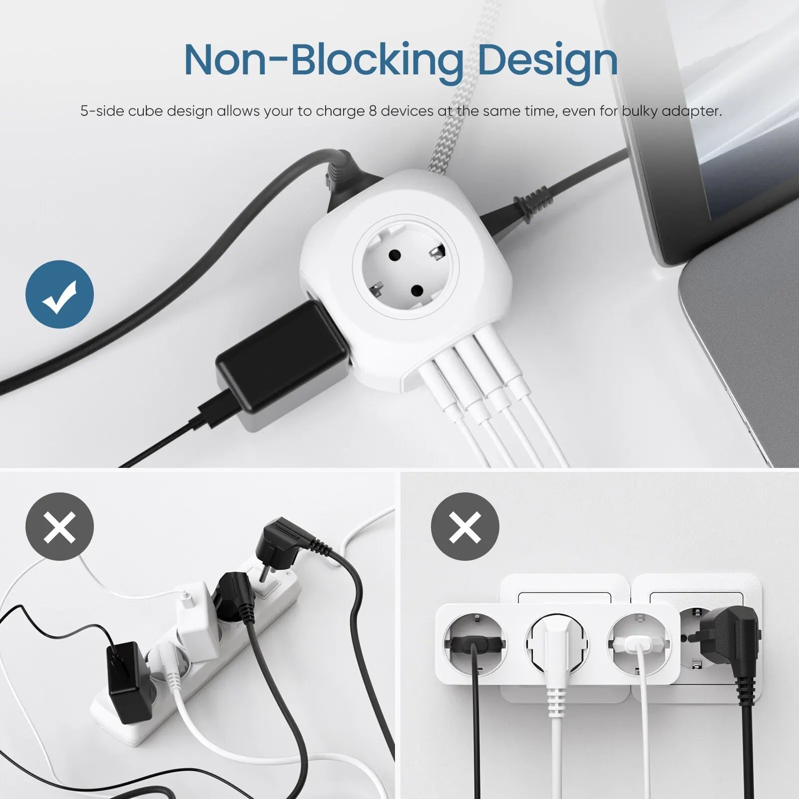 Premium Power Strip 4 AC Outlets, 3 USB Ports, 1 Type-C Multiple Socket with 2m/3m Braided Cable and Switch for Home