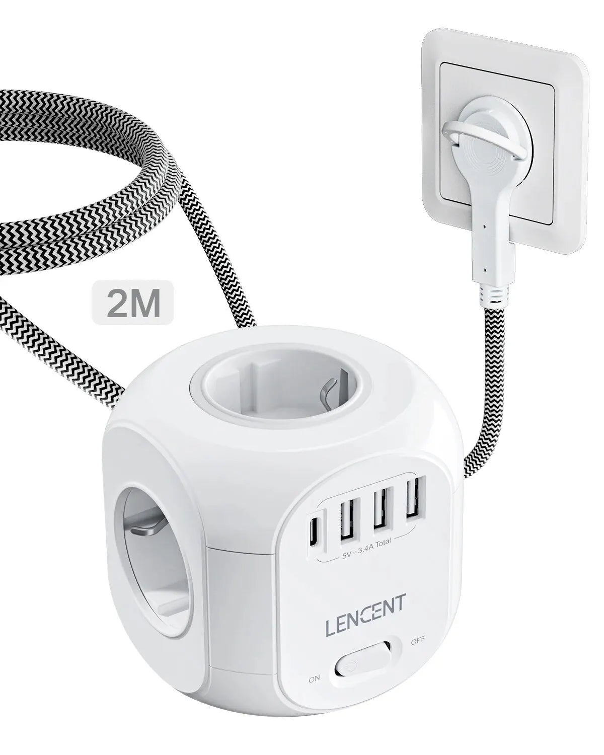 Premium Power Strip 4 AC Outlets, 3 USB Ports, 1 Type-C Multiple Socket with 2m/3m Braided Cable and Switch for Home