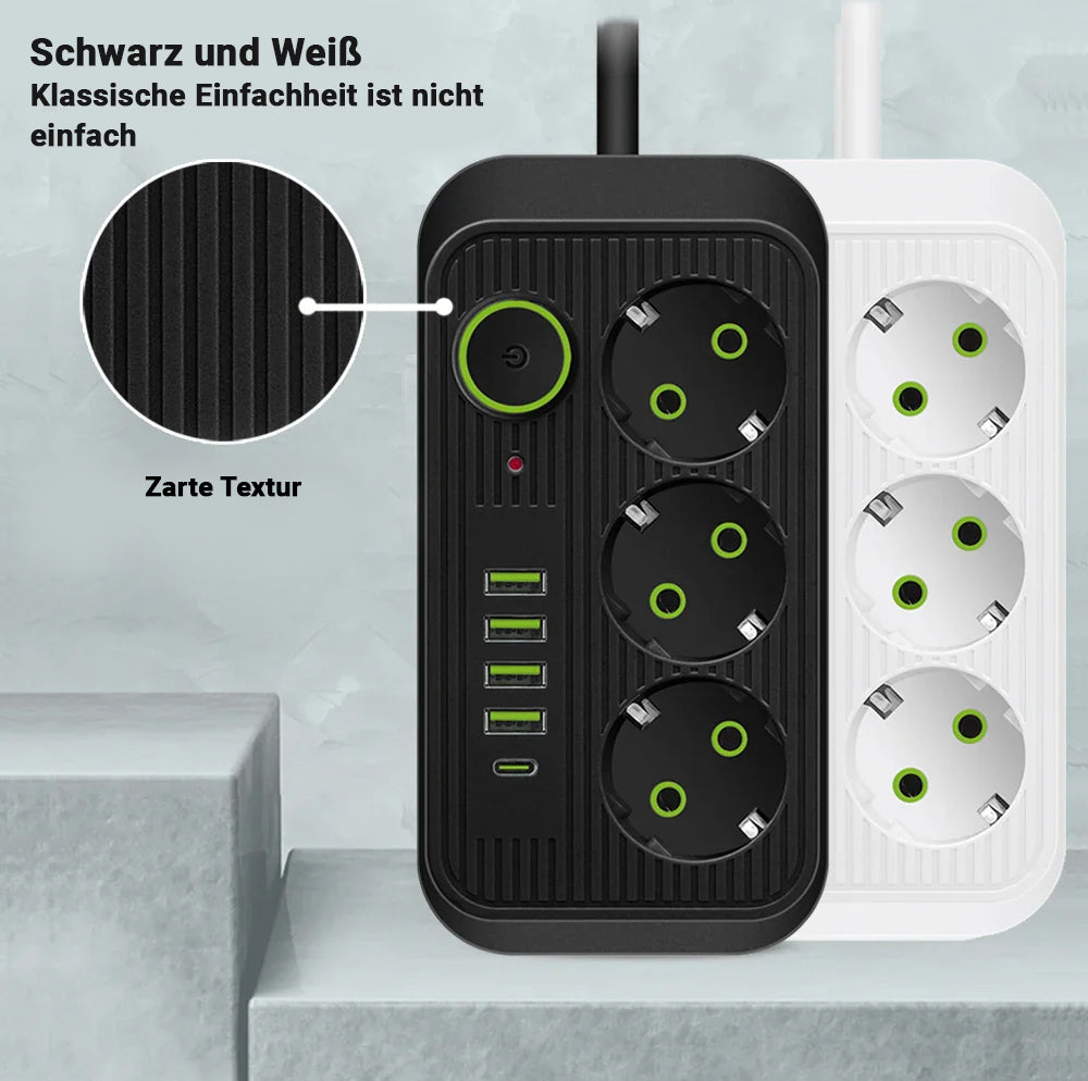 Steckdosenleiste 2 m Verlängerungskabel Multiprise 3 AC-Steckdosen mit 4 USB 1 Typ-C  Premium-Netzwerkfilter und  Ladegerät