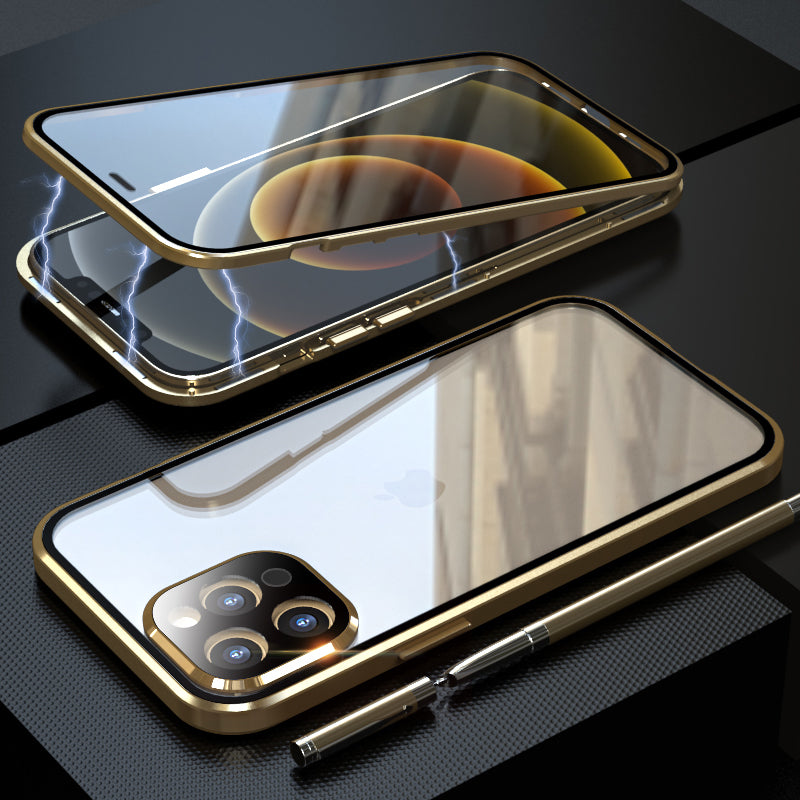 Exklusive Magnetische Glas-Metallrahmen Apple iPhone Hülle | 360° Abgedichtete Stoßfeste Premium Glas-Schutzhülle