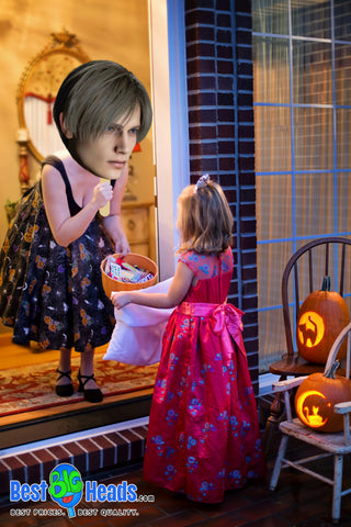 Leon Kennedy face cutout used as Halloween decor for trick-or-treat, placed by the door with eerie lighting and zombie-themed props, creating a fun and spooky Resident Evil-inspired experience for visitors.